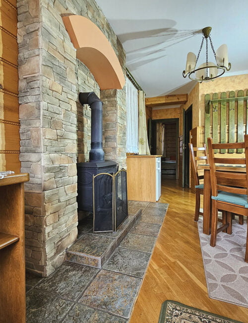 Salon utrzymany w stylu góralskim z drewnianym stołem, kanapą, telewizorem, kominkiem, parkietem, lodówka oraz boazerią na ścianach, z wyjściem na taras.