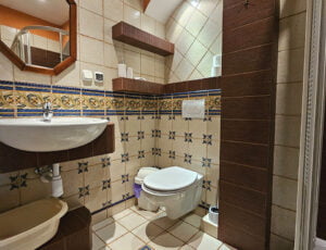 Stylowa łazienka utrzymana w jasno brązowych barwach, wyposażona w kabinę prysznicową, umywalkę, toaletę, suszarkę, grzejnik oraz ręczniki.