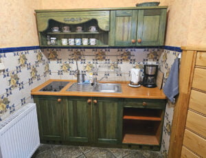 Aneks kuchenny utrzymany w oliwkowych barwach z drewnianymi elementami, wyposażony w płytę grzewczą, zlew, czajnik, ekspres do kawy i lodówkę.