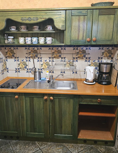 Aneks kuchenny utrzymany w oliwkowych barwach z drewnianymi elementami, wyposażony w płytę grzewczą, zlew, czajnik, ekspres do kawy i lodówkę.