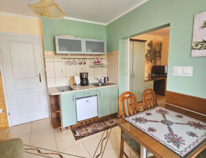 Aneks kuchenny w salonie, utrzymany w ciepłych oliwkowych barwach, wyposażony w zlew, płytę grzewczą, lodówkę oraz czajnik i ekspres do kawy.