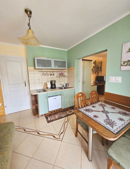 Aneks kuchenny w salonie, utrzymany w ciepłych oliwkowych barwach, wyposażony w zlew, płytę grzewczą, lodówkę oraz czajnik i ekspres do kawy.