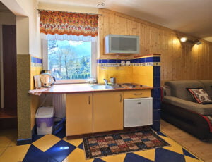 Aneks kuchenny połączony z salonem, wyposażony w lodówkę, zlew, płytę grzewczą, czajnik i ekspres do kawy, oferujący piękny widok na ogród.