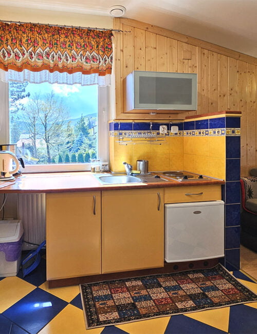 Aneks kuchenny połączony z salonem, wyposażony w lodówkę, zlew, płytę grzewczą, czajnik i ekspres do kawy, oferujący piękny widok na ogród.