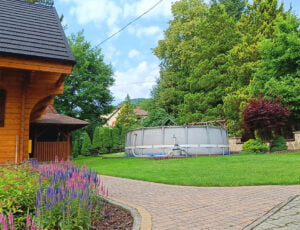 Basen ogrodowy otoczony trawą i kwiatami.