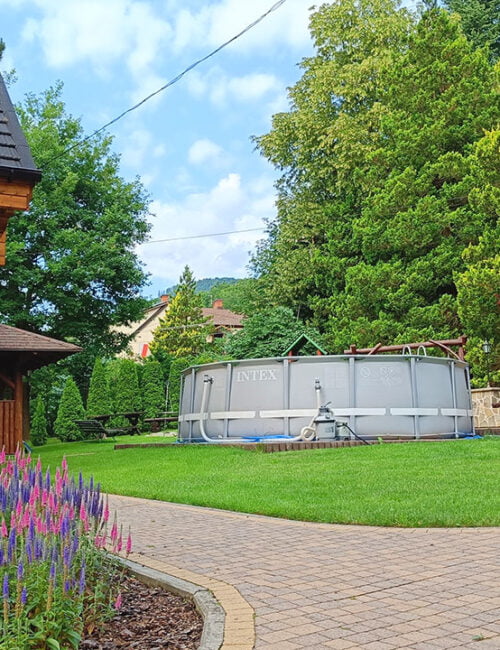 Basen ogrodowy otoczony trawą i kwiatami.