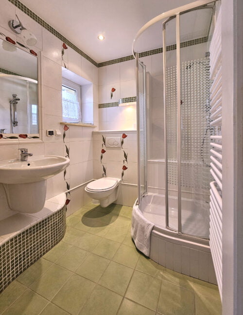 Jasna łazienka z tulipanami na ścianach, wyposażona w kabinę prysznicową, umywalkę, toaletę, suszarkę oraz ręczniki